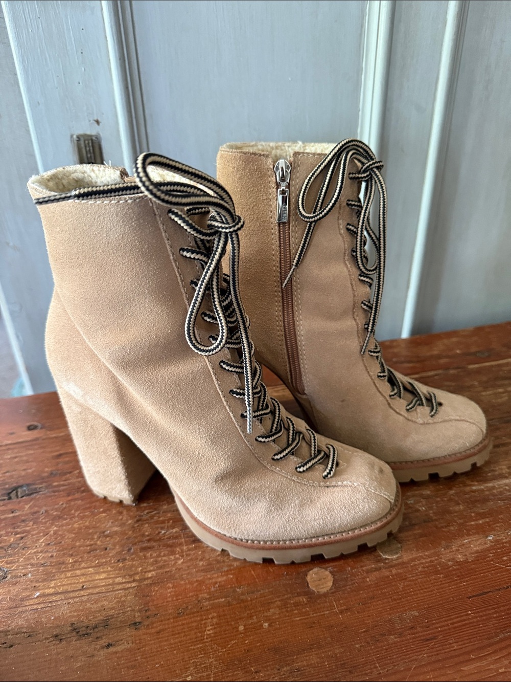 SCHUTZ Beige Suede Lace-Up Block Heel Ankle Boots